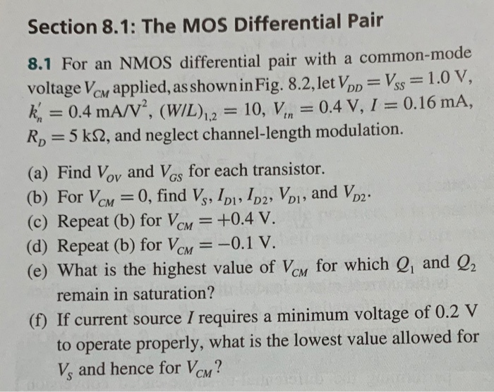 Solved Section 8.1: The MOS Differential Pair 8.1 For an | Chegg.com