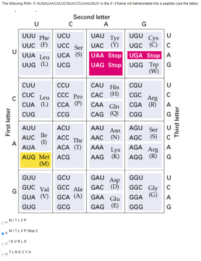 Solved The following RNA: 5' AUGAUAACACUCGUACCUUAAUGU3' in | Chegg.com