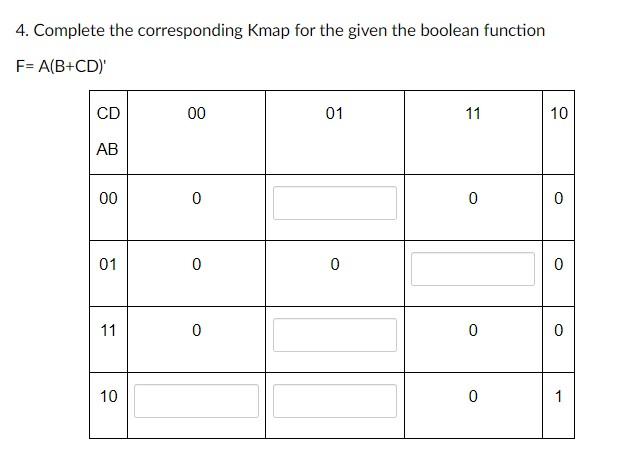 Solved 4. Complete the corresponding Kmap for the given the | Chegg.com