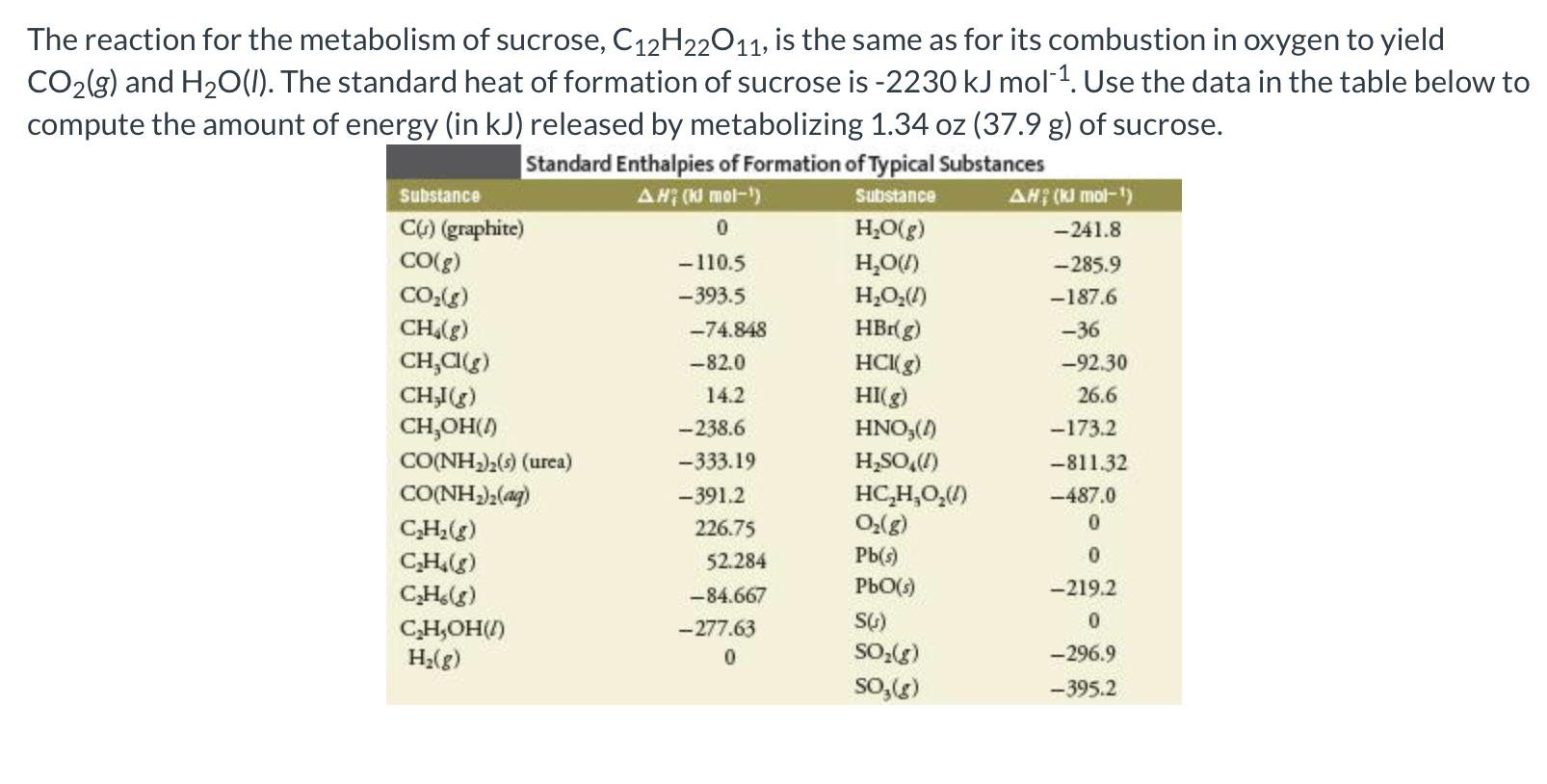 The reaction for the metabolism of sucrose, \( \mathrm{C}_{12} \mathrm{H}_{22} \mathrm{O}_{11} \), is the same as for its com