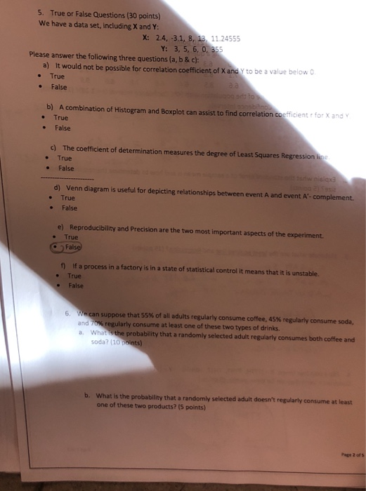Solved 5. True or False Questions (30 points We have a data | Chegg.com