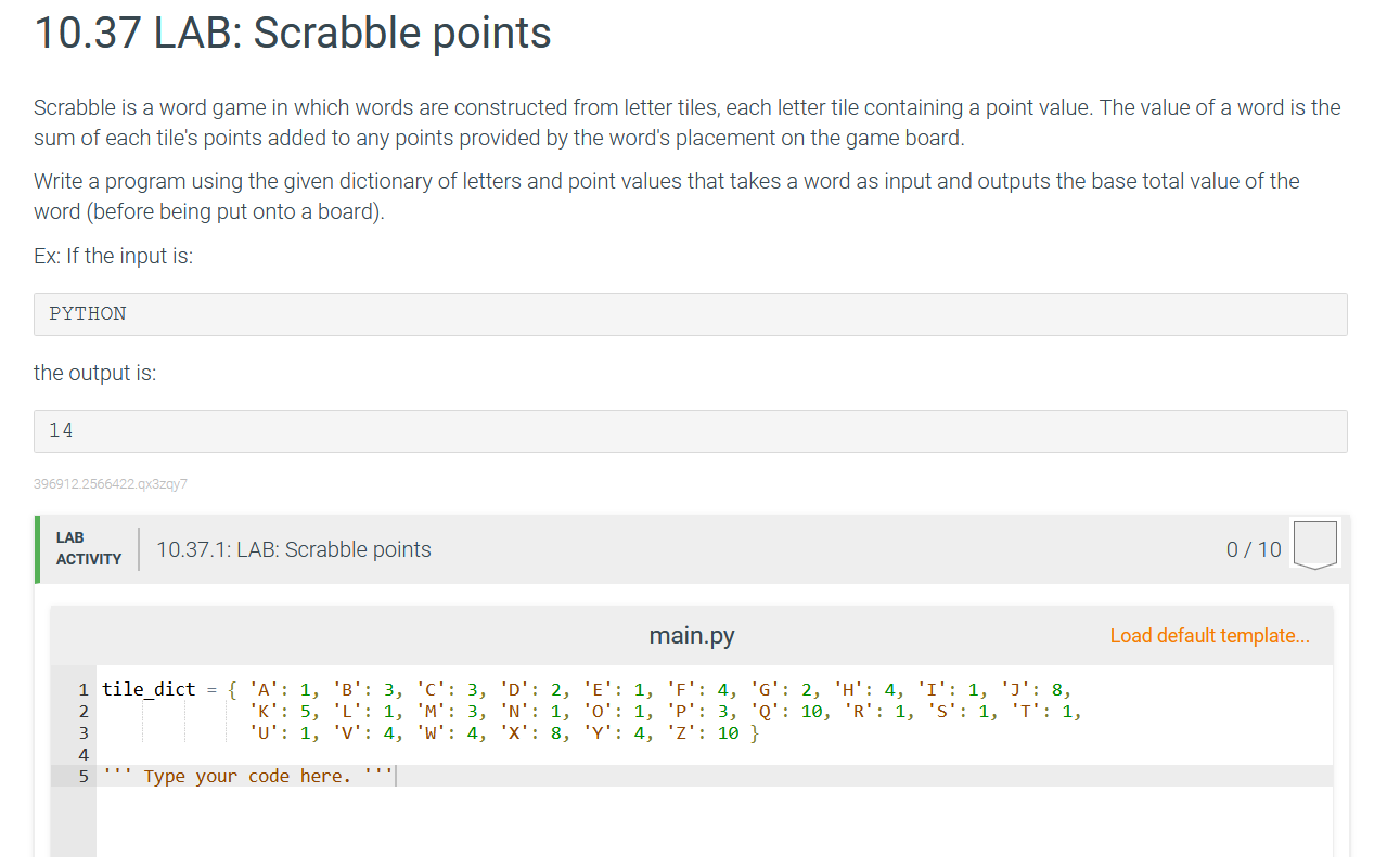 Solved 10.37 LAB: Scrabble points Scrabble is a word game in | Chegg.com