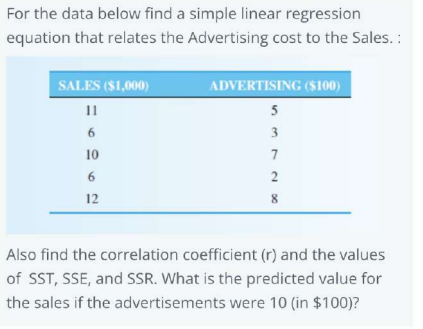 Solved For the data below find a simple linear regression | Chegg.com