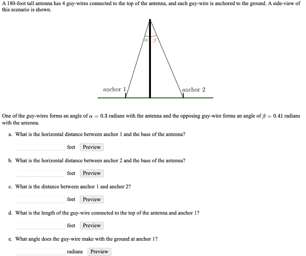Solved A 180foot tall antenna has 4 guywires connected to