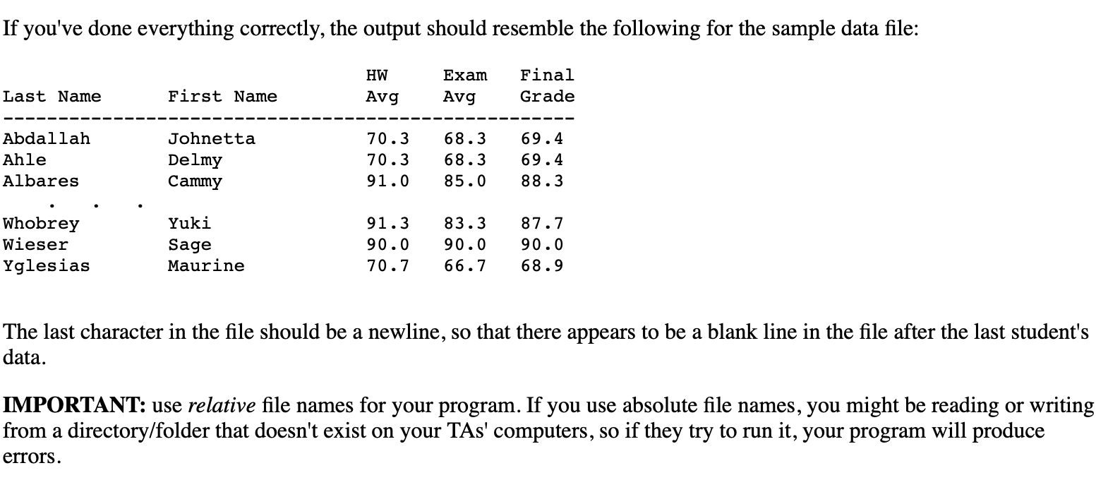 If youve done everything correctly, the output should resemble the following for the sample data file: HW Avg Exam Avg Final