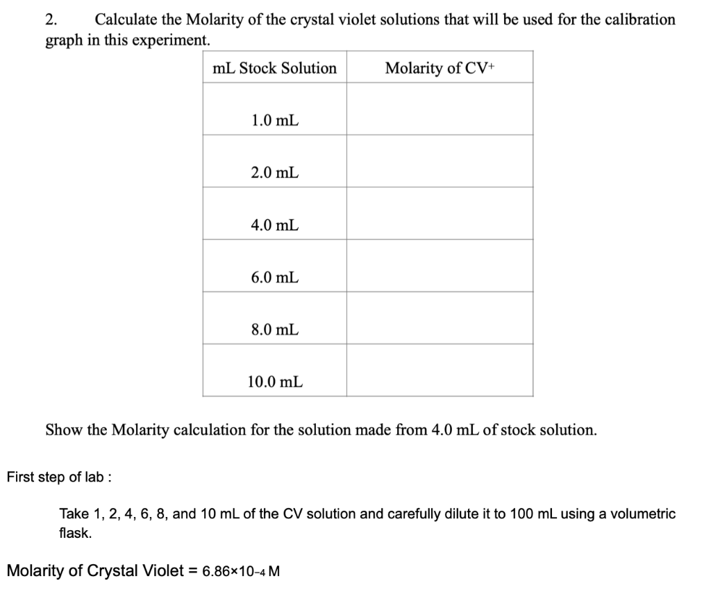 2. Calculate the Molarity of the crystal violet solutions that will be used for the calibration graph in this experiment.
Sho