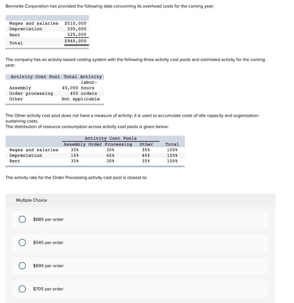 Solved Bennette Corporation has provided the following data | Chegg.com