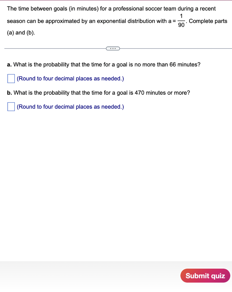 Solved The time between goals (in minutes) for a | Chegg.com
