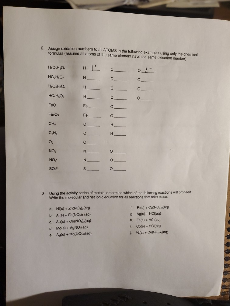 Solved 2. Assign oxidation numbers to all ATOMS in the | Chegg.com