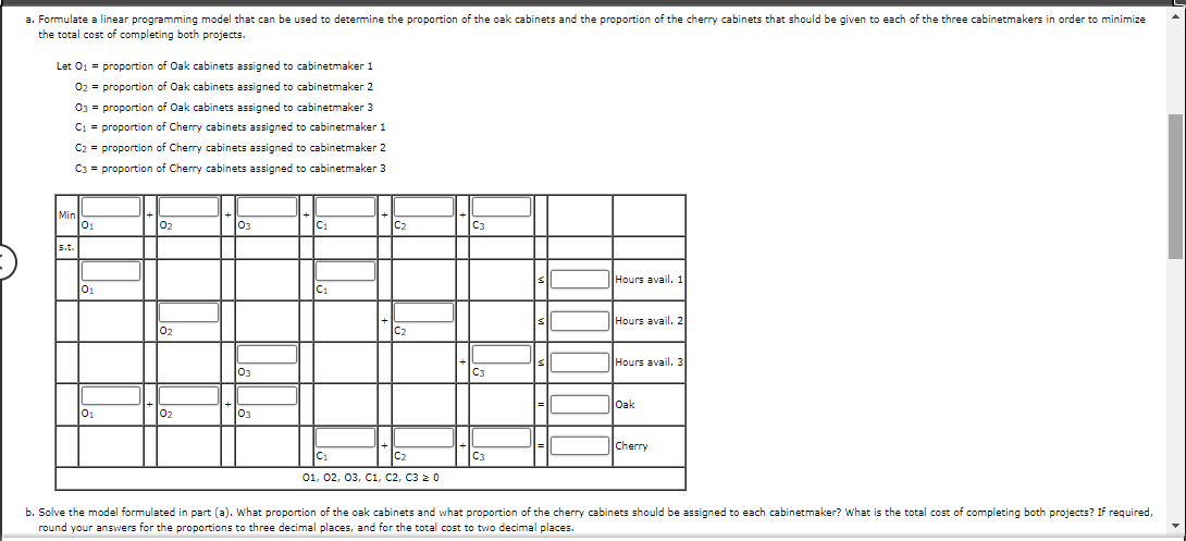 the total cost of completing both projects.
\[
\text { Let } \begin{aligned}
\mathrm{O}_{1} & =\text { proportion of Oak cabi