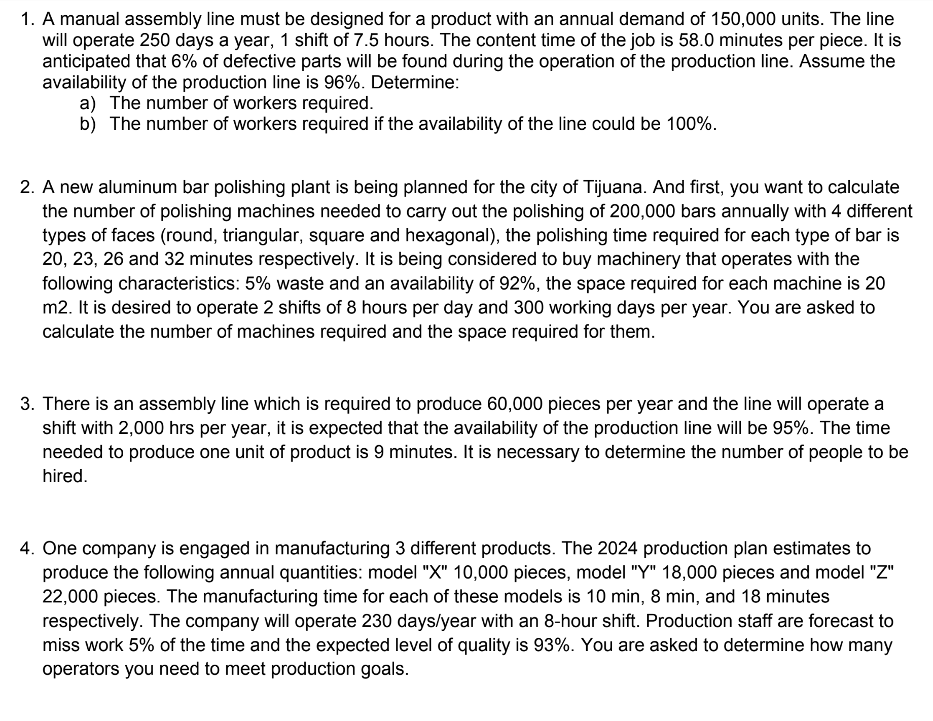 Solved 1. A manual assembly line must be designed for a | Chegg.com