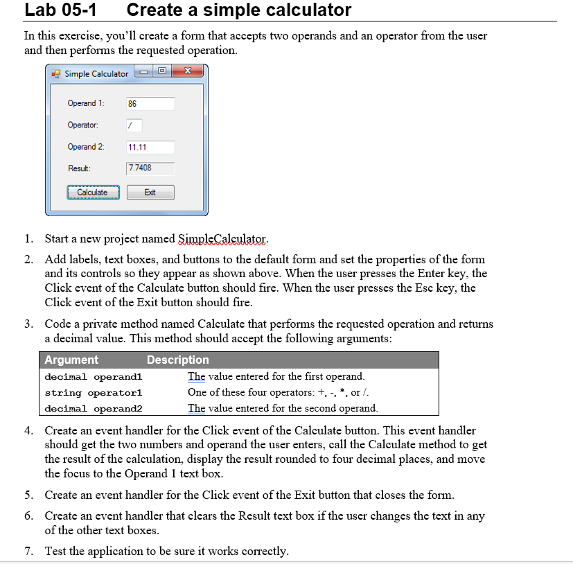 Solved Lab 05-1 Create a simple calculator In this exercise, | Chegg.com