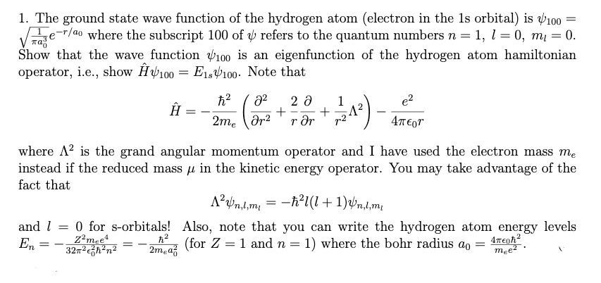 Solved 1 The Ground State Wave Function Of The Hydrogen