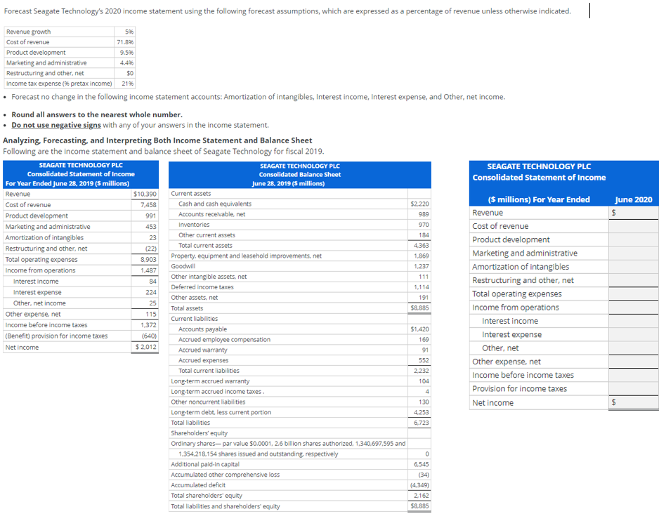 Solved Forecast Seagate Technology's 2020 statement