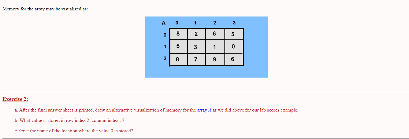 Solved Memory for the array may be visualized as: A 0 1 2 3 | Chegg.com