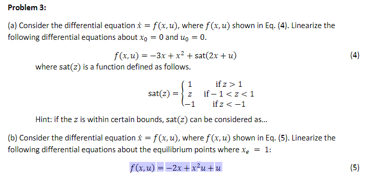 Solved (a) Consider the differential equation x˙=f(x,u), | Chegg.com