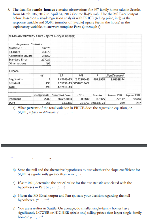 Solved 8. The data file seattle_houses contains observations | Chegg.com