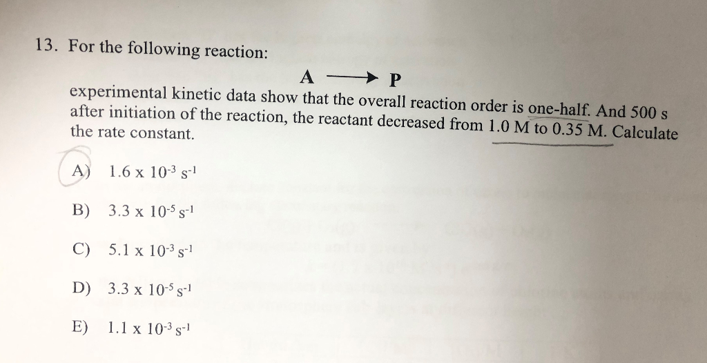 Solved 13. For the following reaction: A P experimental | Chegg.com