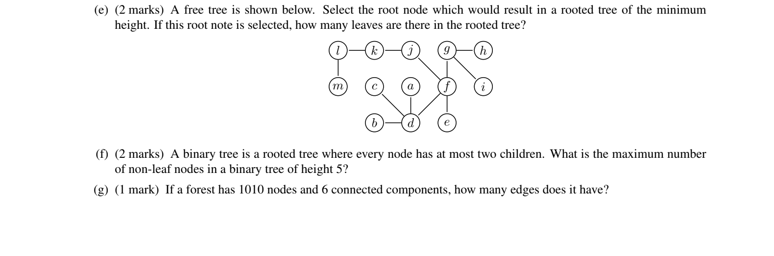 Solved ( 2 marks) A free tree is shown below. Select the | Chegg.com