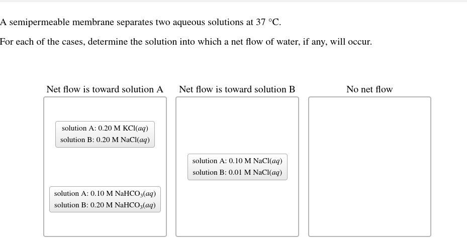 A semipermeable membrane separates two aqueous solutions at \( 37{ }^{\circ} \mathrm{C} \).
For each of the cases, determine 