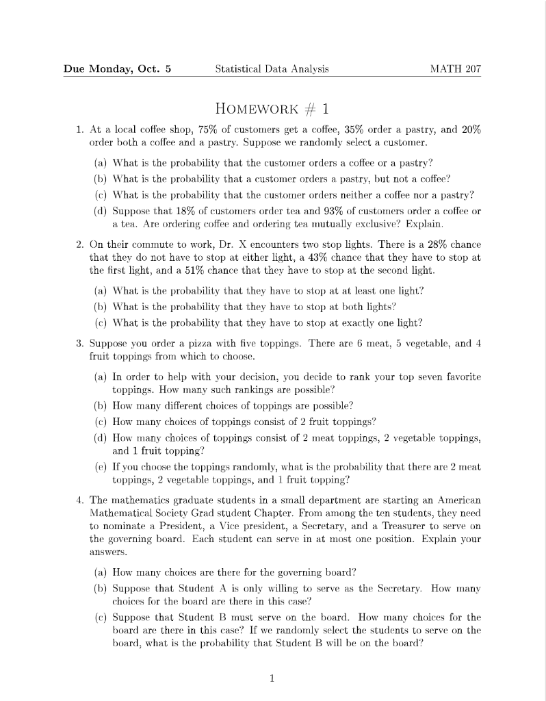 Solved Due Monday, Oct. 5 Statistical Data Analysis MATH 207 | Chegg.com
