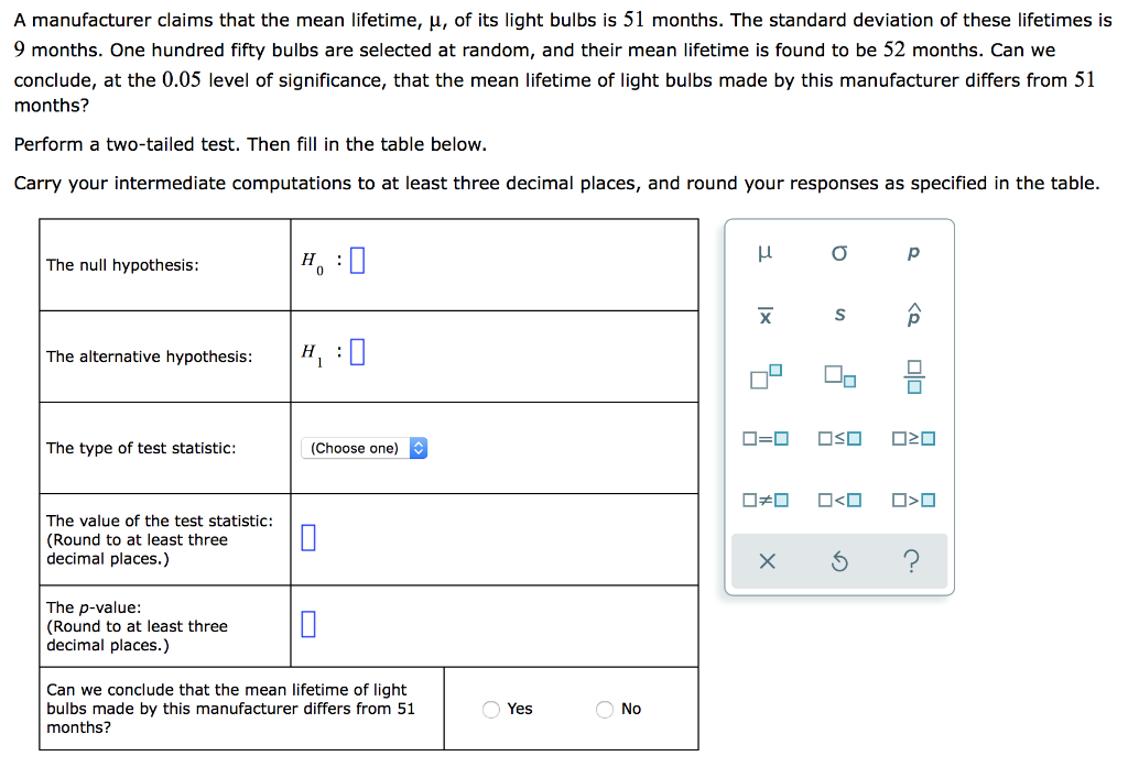 Solved A manufacturer claims that the mean lifetime, u, of