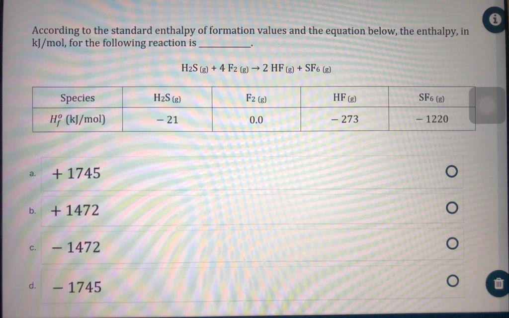 Solved According to the standard enthalpy of formation | Chegg.com