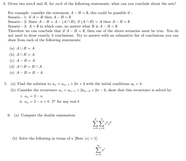 Solved 3. Given two sets A and B, for each of the following | Chegg.com