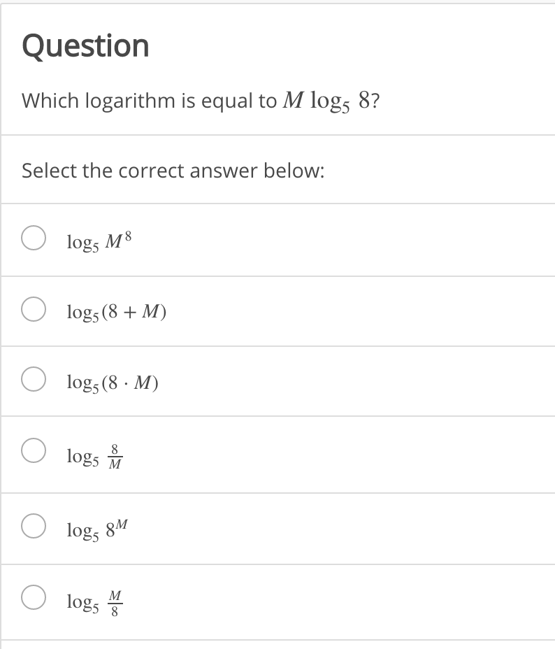 solved-question-which-logarithm-is-equal-to-m-log5-8-select-chegg