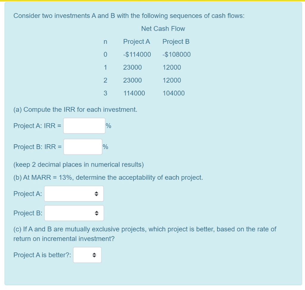 Solved Consider Two Investments A And B With The Following | Chegg.com