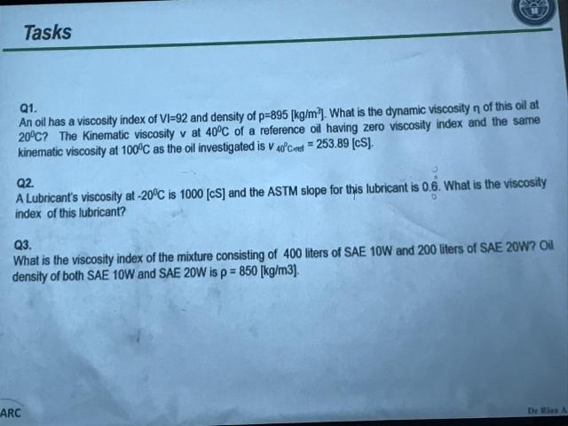 Solved Tasks An oil has a viscosity index of VI-92 and | Chegg.com