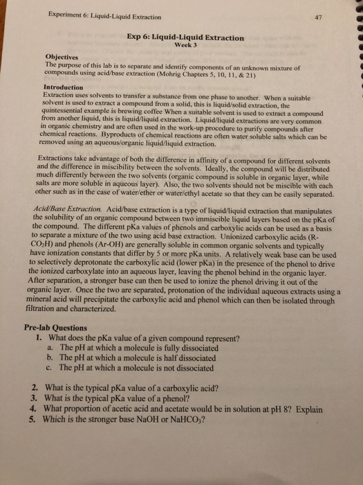 Solved Experiment 6 LiquidLiquid Extraction 47 Exp 6