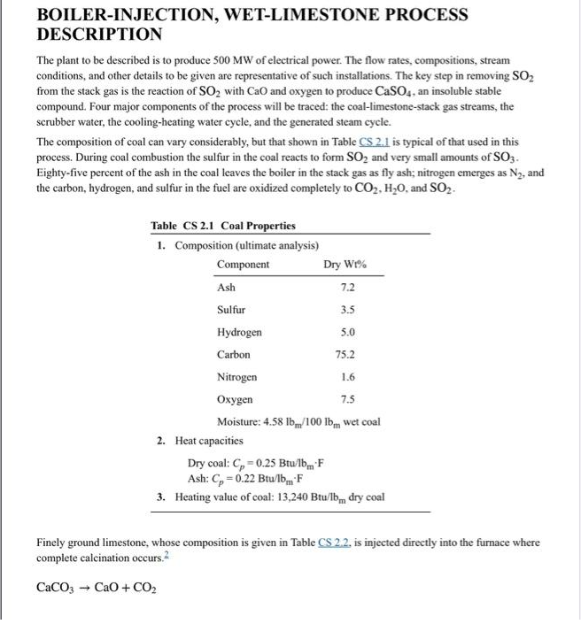 BOILER-INJECTION, WET-LIMESTONE PROCESS DESCRIPTION | Chegg.com