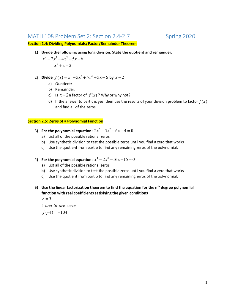 Solved MATH 108 Problem Set 2: Section 2.4-2.7 Spring 2020 | Chegg.com