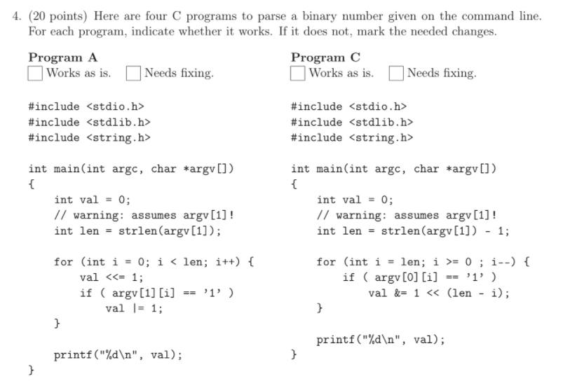 Solved 4. (20 points) Here are four C programs to parse a | Chegg.com