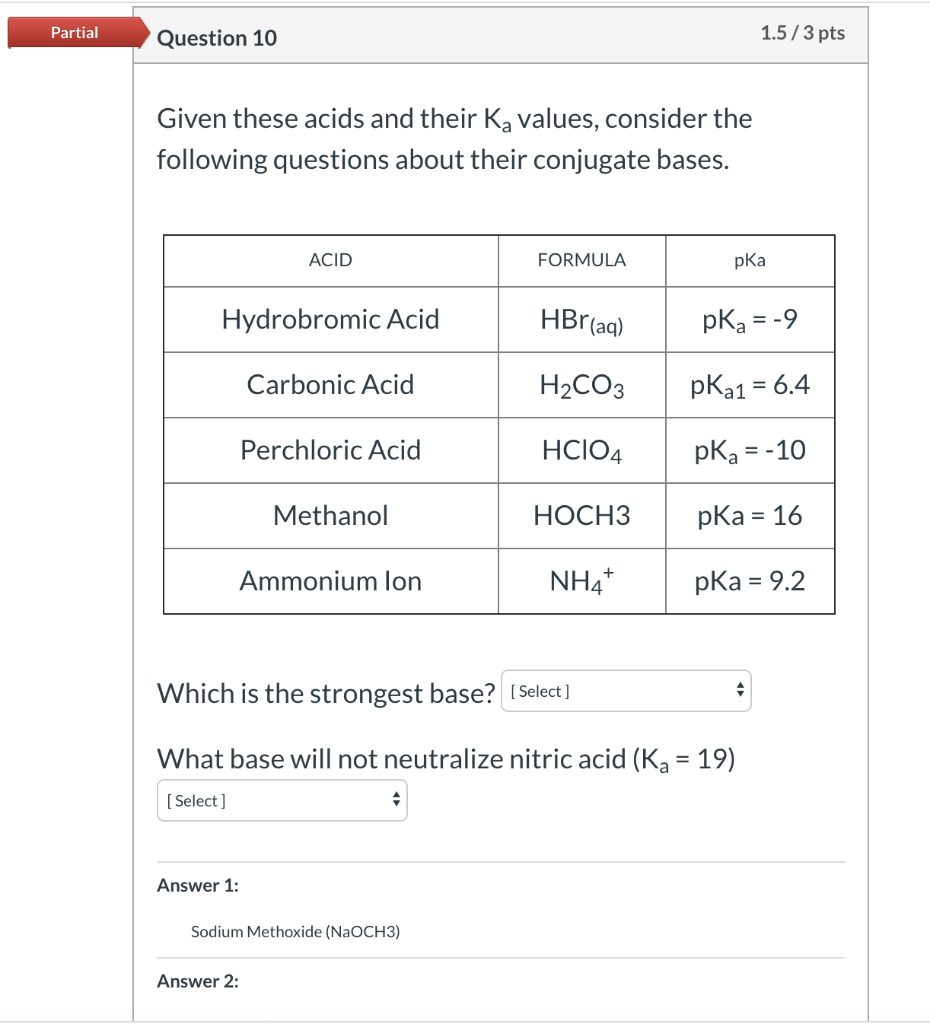 Solved Partial Question 10 1.5/3 pts Given these acids and | Chegg.com