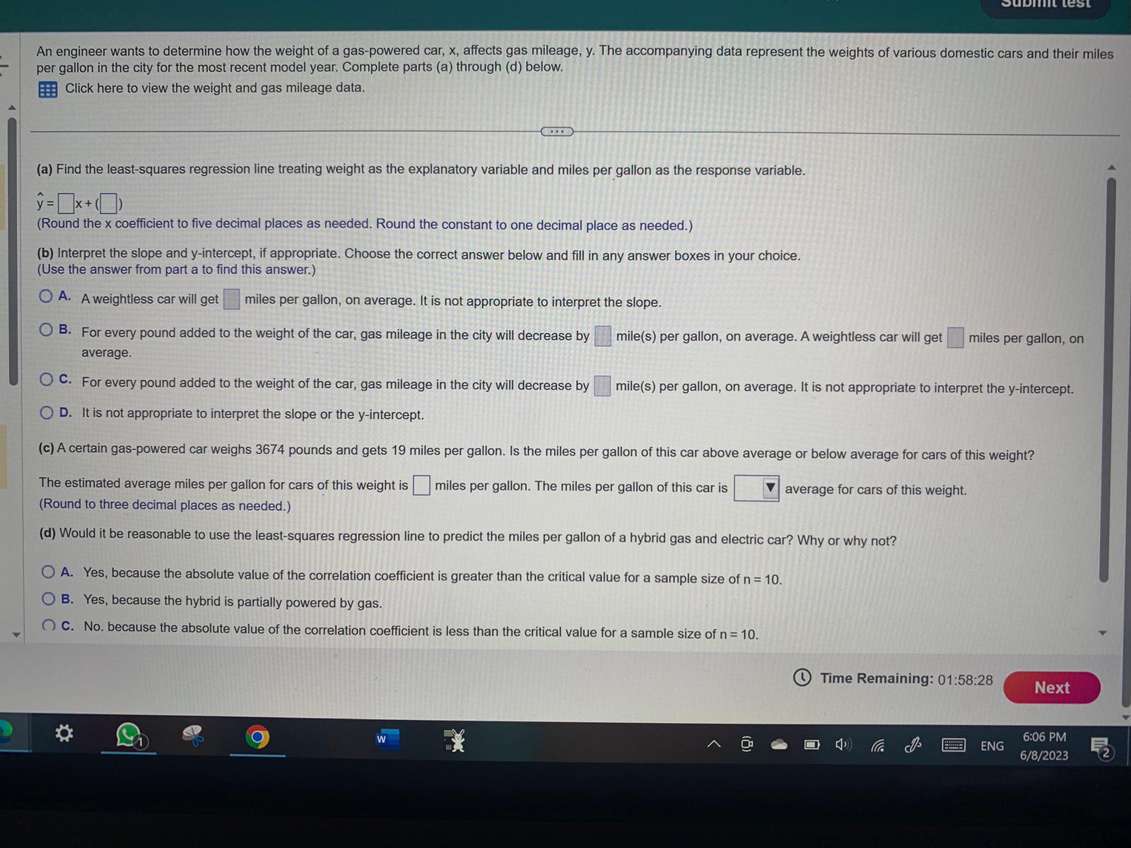 An engineer wants to determine how the weight of a