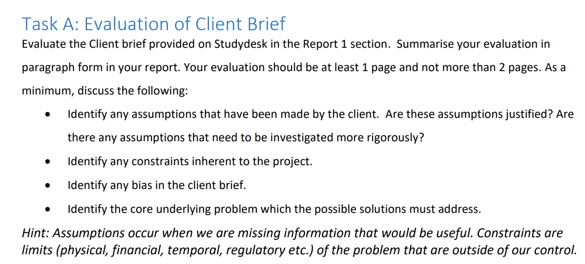 Solved Task A Evaluation of Client Brief Evaluate the