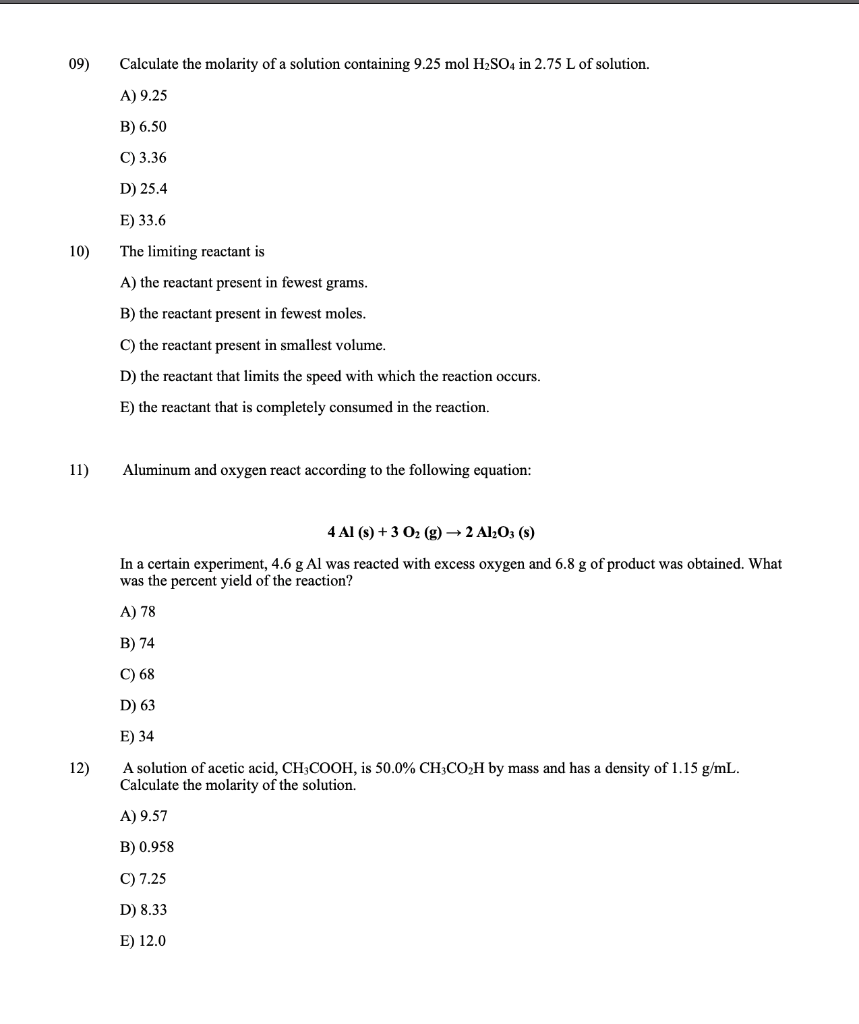 Solved 09)Calculate the molarity of a solution containing | Chegg.com