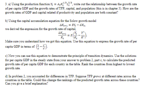 Solved 3. a) Using the production function Yt=AtKt1/3Lt2/3, | Chegg.com