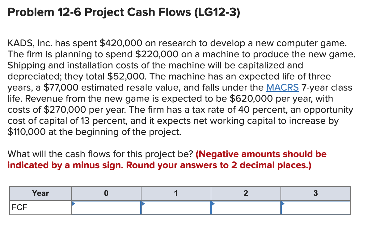 Solved Problem 12-6 Project Cash Flows (LG12-3) KADS, Inc. | Chegg.com