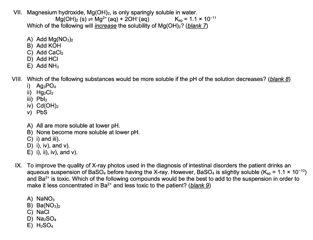 Solved Vii Magnesium Hydroxide Mg Oh 2 Is Only Sparing Chegg Com