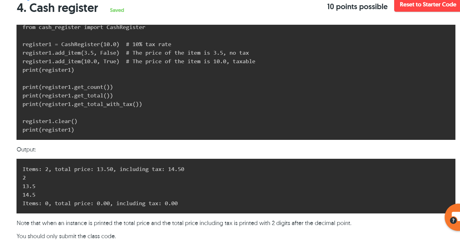 Cash Register Code Make Code Solved 4. Cash register 10 points possible Reset to Starter | Chegg.com