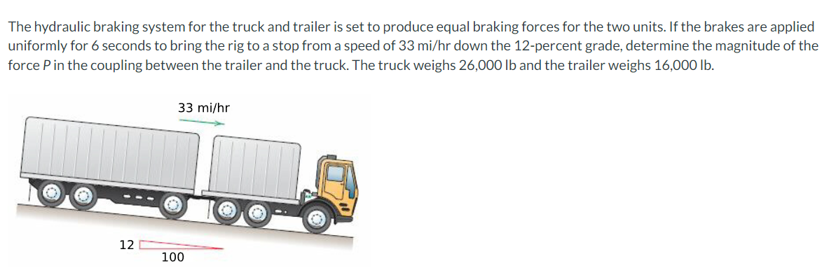 The hydraulic braking system for the truck and trailer is set to produce equal braking forces for the two units. If the brake