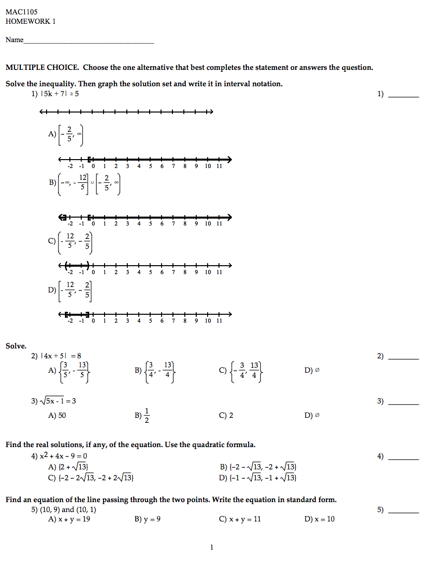 Solved MAC1105 HOMEWORK 1 Name MULTIPLE CHOICE. Choose the | Chegg.com