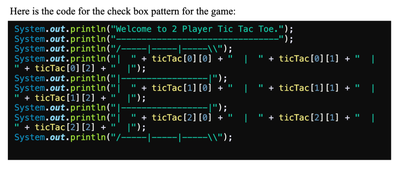 Here is the code for the check box pattern for the game: