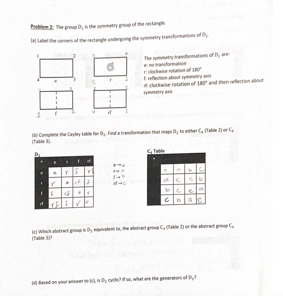 Solved Problem 2: The group D2 is the symmetry group of the | Chegg.com