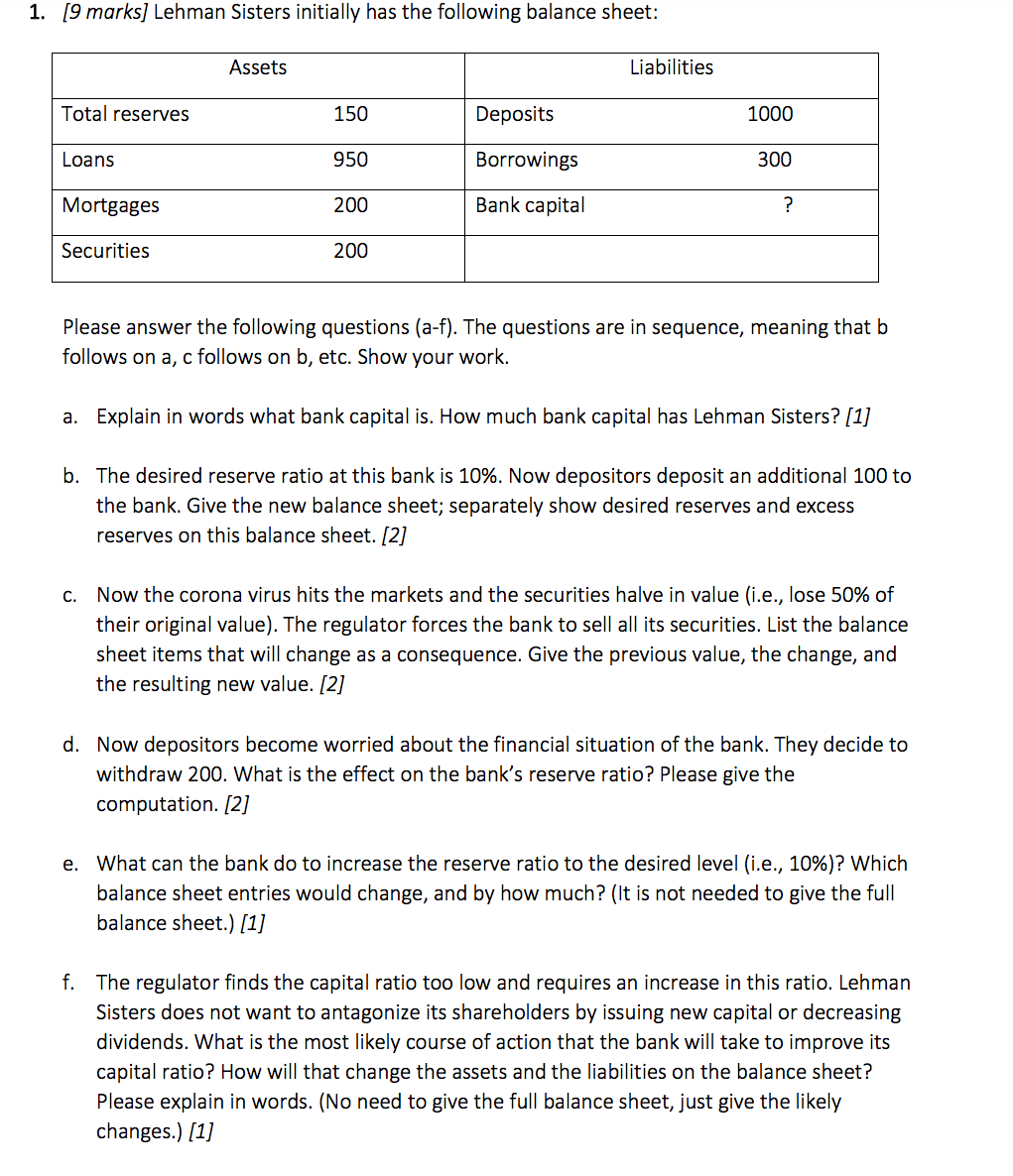 Solved 1. [9 marks] Lehman Sisters initially has the | Chegg.com