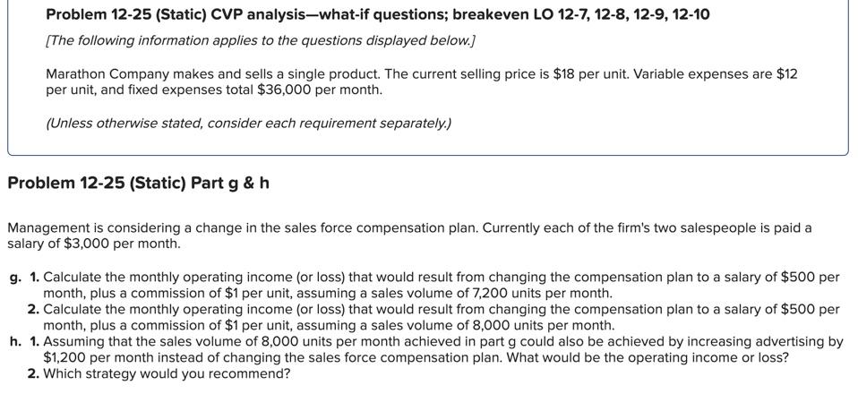 Solved Problem 12-25 (Static) CVP analysis-what-if | Chegg.com
