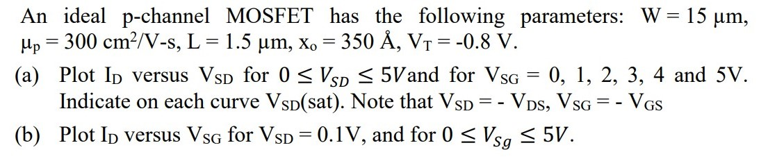 Solved An Ideal P Channel Mosfet Has The Following Parame Chegg Com